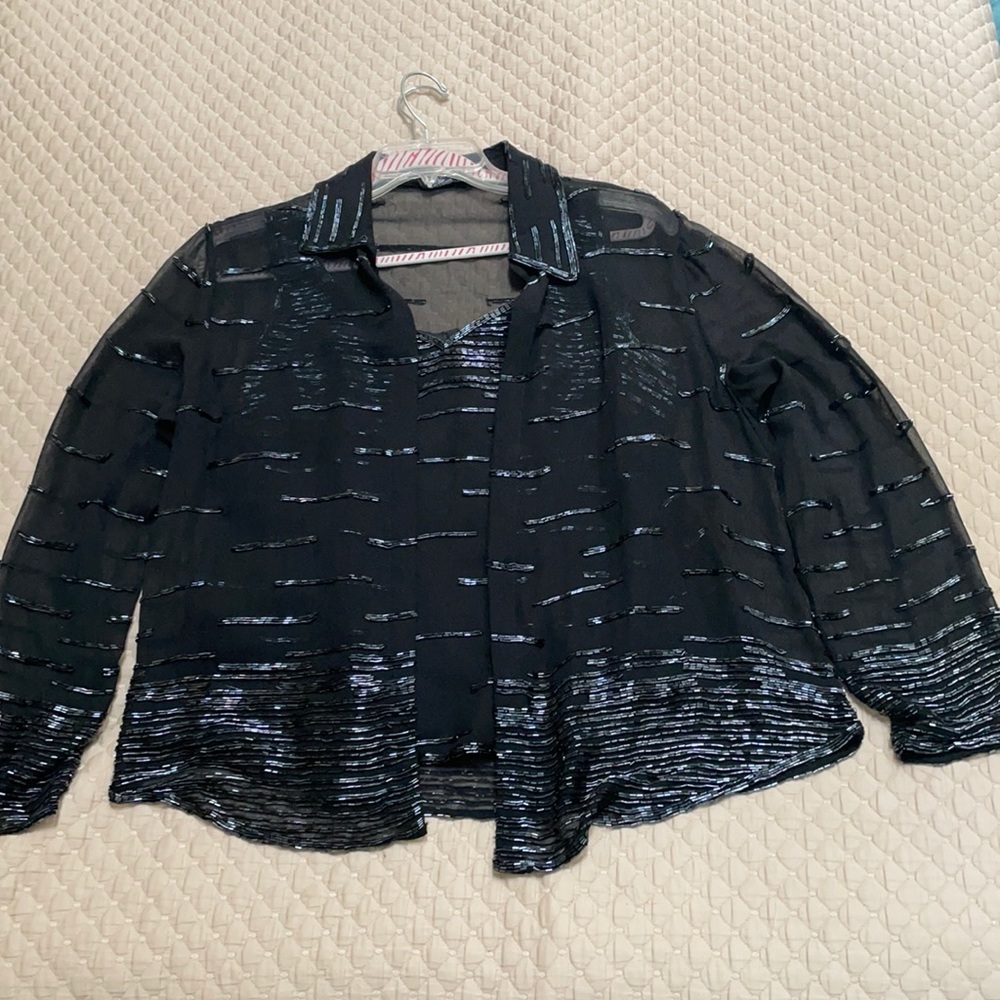 Black Sheer Sequin Button Down Blouse With Camiso… - image 1
